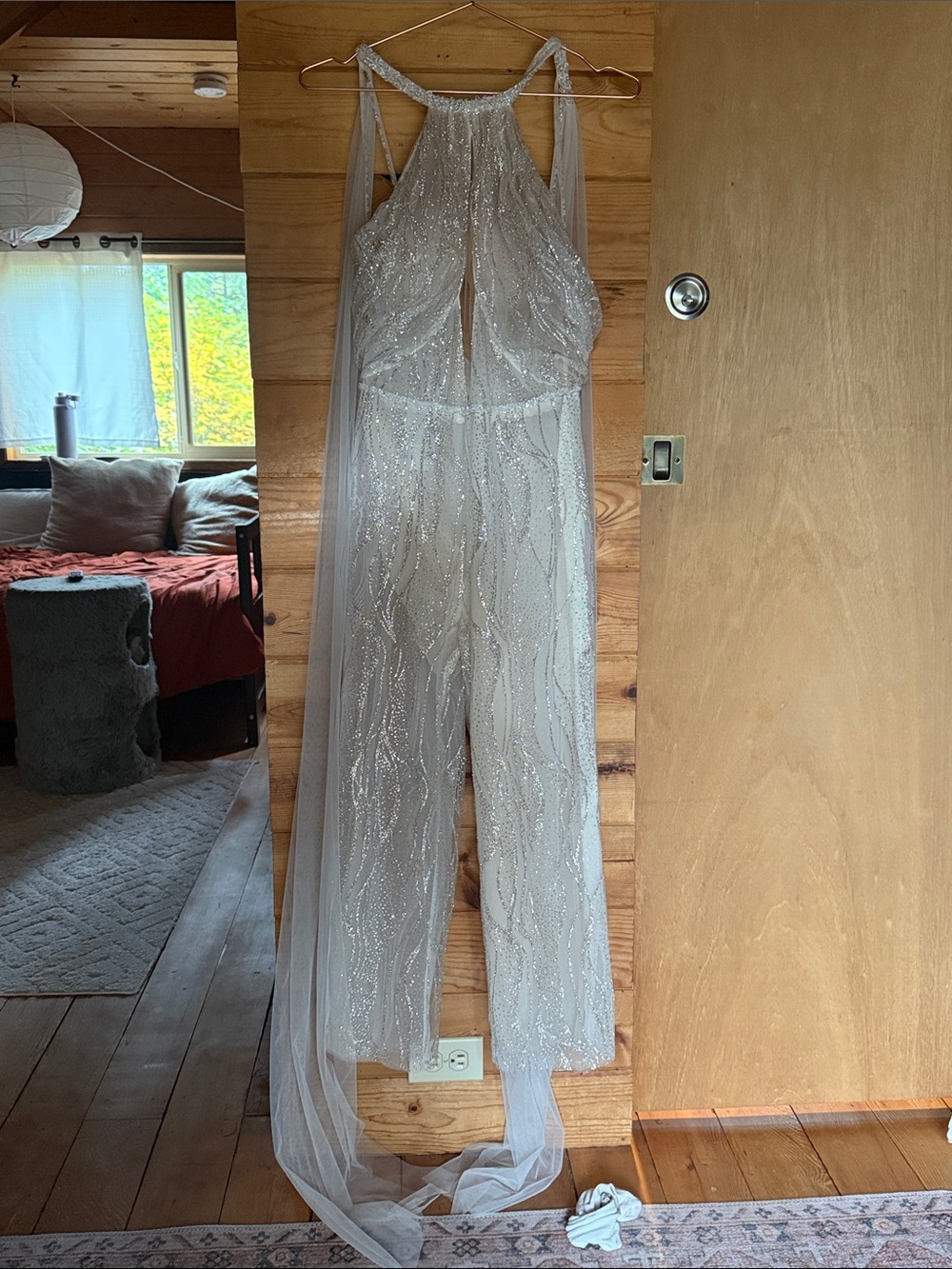 Elegant Ivory Sequin Jumpsuit with Sheer Cape